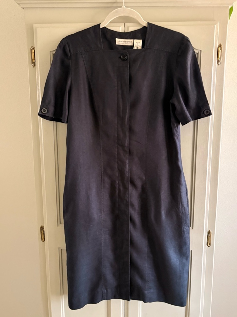 Vintage Liz Claiborne 100% Linen Navy Midi Sheath Dress 6 Petite